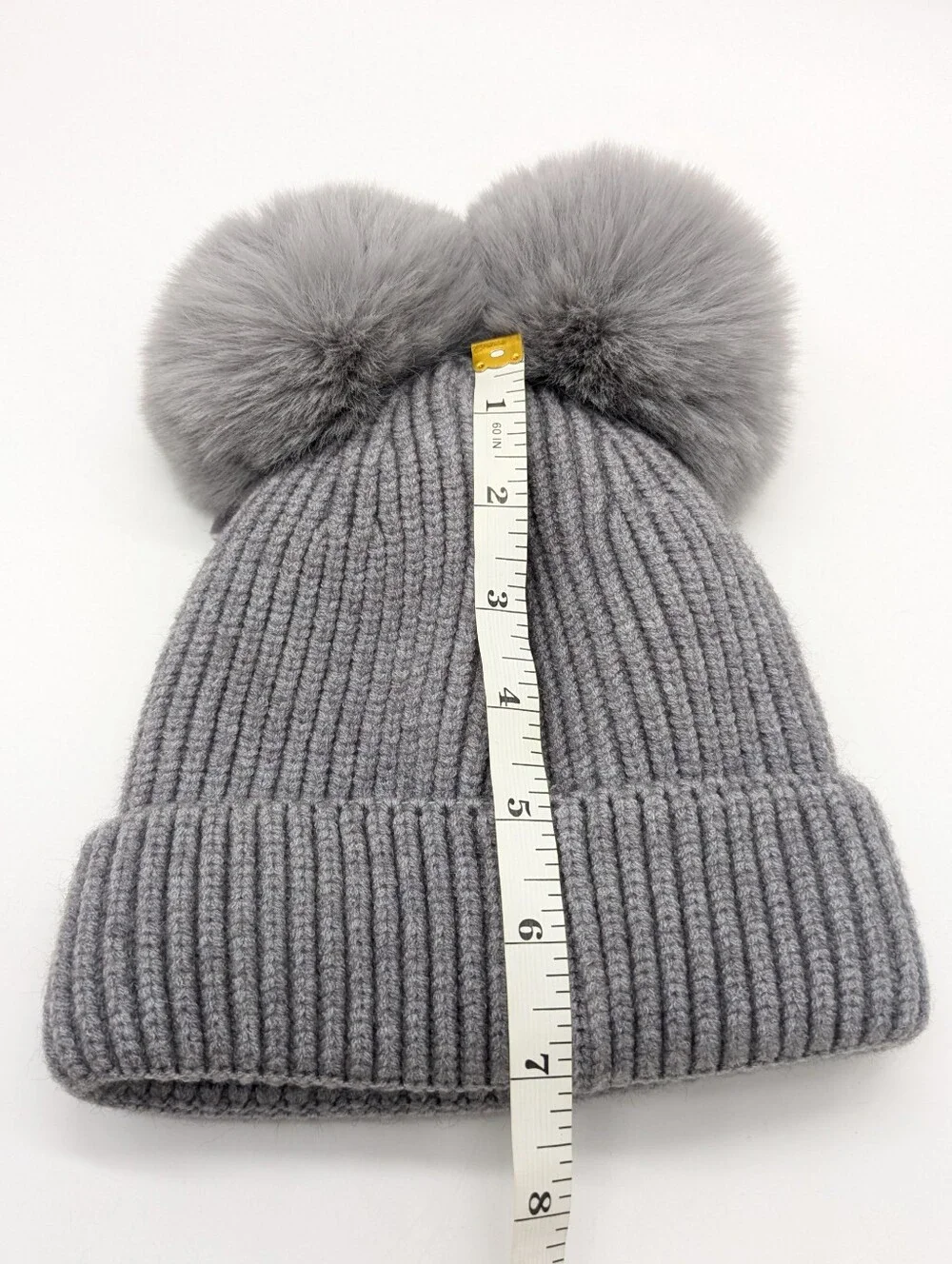 Grey Ribbed Velvet Bow Fuzzy Pom Pom Kids Toddler Winter Hat